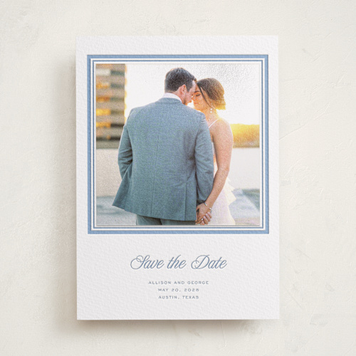 This is a provincial blue letterpress save the date photo mount cards with letterpress by Blustery August called lauren printing on somerset500 in photo_mount