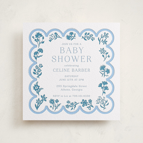 This is a sky blue baby shower invitations with letterpress by Hannah Bowman called petite jolie printing on somerset500 in standard
