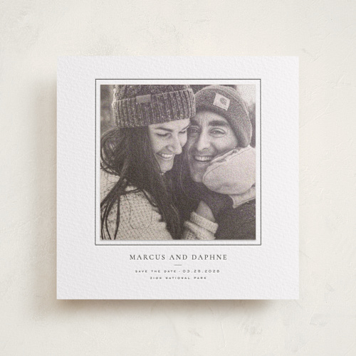 This is a soft black letterpress save the date photo mount cards with letterpress by Wildfield Paper Co called daisies printing on somerset500 in photo_mount