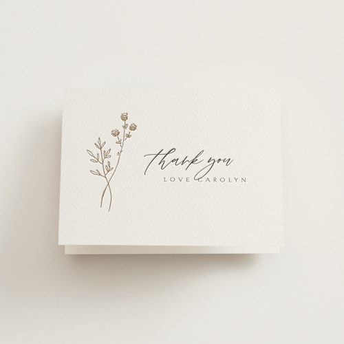 This is a matte gold bridal shower thank you cards with letterpress by Kelly Schmidt called rustic elegance printing on coventry320 in standard