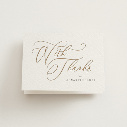 This is a matte gold bridal shower thank you cards with letterpress by Melanie Kosuge called posh printing on coventry320 in standard