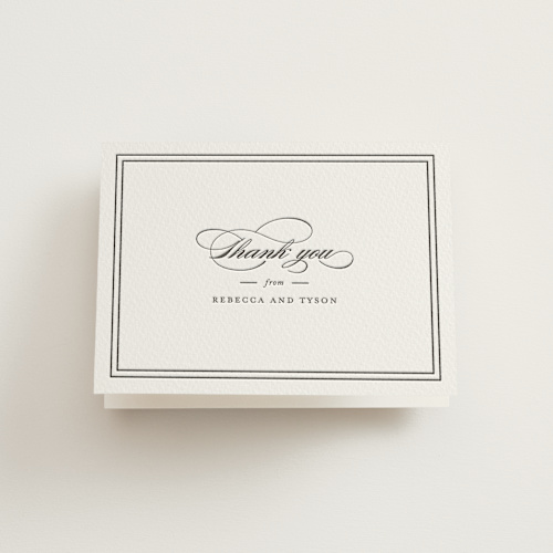 This is a soft black wedding thank you cards with letterpress by Kimberly FitzSimons called eloquence printing on coventry320 in standard