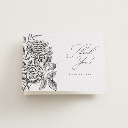 This is a soft black wedding thank you cards with letterpress by Chris Griffith called etchings of roses printing on coventry320 in standard