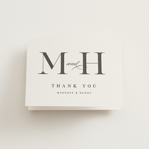 This is a soft black wedding thank you cards with letterpress by Pixel and Hank called trio printing on coventry320 in standard