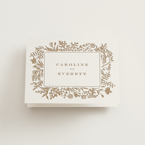 This is a matte gold wedding thank you cards with letterpress by Amy Kross called morning fields printing on coventry320 in standard