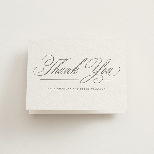 This is a graphite wedding thank you cards with letterpress by Wildfield Paper Co called calligraphie printing on coventry320 in standard