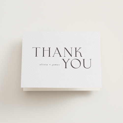 This is a soft black wedding thank you cards with letterpress by Vera Lim called bold names printing on coventry320 in standard