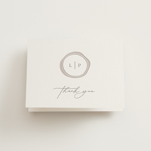 This is a ash wedding thank you cards with letterpress by Carolyn MacLaren called wax seal monogram printing on coventry320 in standard