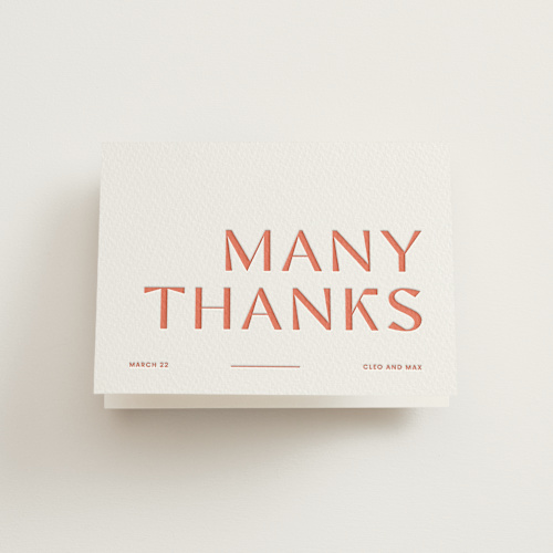 This is a neon orange wedding thank you cards with letterpress by Blustery August called boldly printing on coventry320 in standard