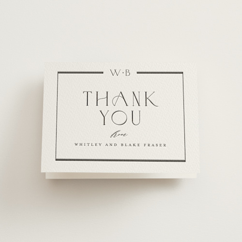 This is a black wedding thank you cards with letterpress by Stacey Meacham called luster printing on coventry320 in standard