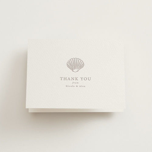 This is a dove grey wedding thank you cards with letterpress by Hannah Bowman called simple seashell printing on coventry320 in standard
