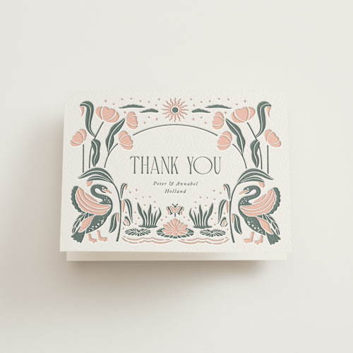This is a nouveau swans wedding thank you cards with letterpress by Olivia Raufman called nouveau swans printing on coventry320 in standard