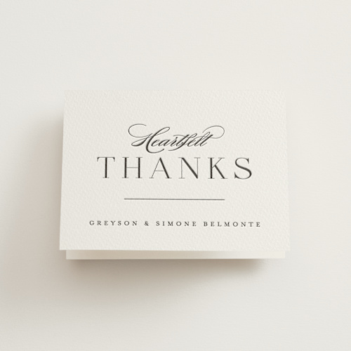 This is a soft black wedding thank you cards with letterpress by Hooray Creative called classic serif printing on coventry320 in standard