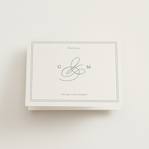 This is a matte silver wedding thank you cards with letterpress by Creo Study called monogrammed eternity printing on coventry320 in standard