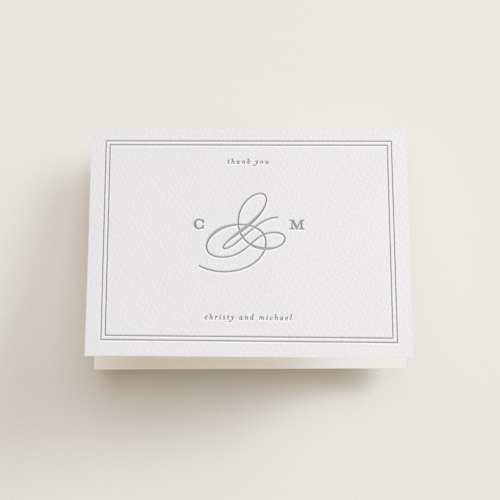 This is a matte silver wedding thank you cards with letterpress by Creo Study called monogrammed eternity printing on coventry320 in standard