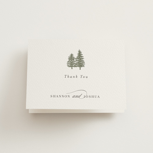 This is a olive wedding thank you cards with letterpress by Itsy Belle Studio called evergreens printing on coventry320 in standard