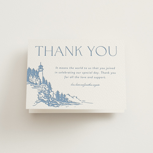 This is a provincial blue wedding thank you cards with letterpress by Tennie and Co. called the cliff printing on coventry320 in standard