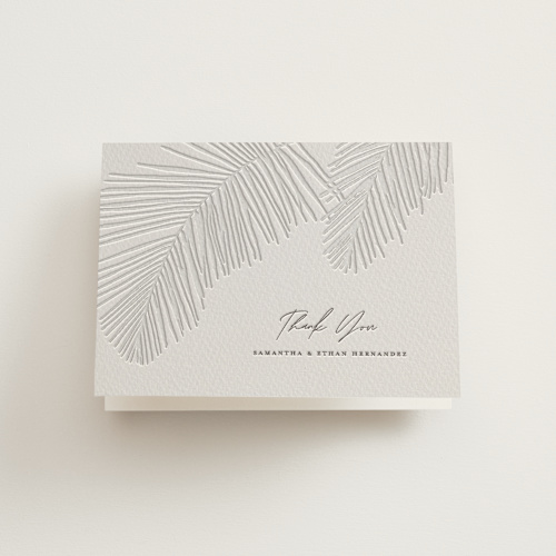 This is a graphite wedding thank you cards with letterpress by Owl and Toad called palm arbor printing on coventry320 in standard