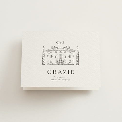 This is a warm gray wedding thank you cards with letterpress by Melinda Denison called italian countryside printing on coventry320 in standard