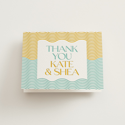 This is a seafoam wedding thank you cards with letterpress by Claudia Orengo called good vibes printing on coventry320 in standard