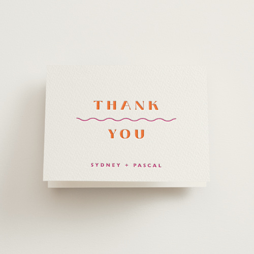 This is a fuchsia wedding thank you cards with letterpress by Olivia Raufman called tanti baci printing on coventry320 in standard