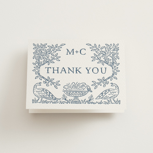 This is a indigo wedding thank you cards with letterpress by Paper Sun Studio called whimsical woodland printing on coventry320 in standard