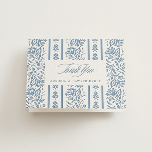 This is a provincial blue wedding thank you cards with letterpress by Erin German called sweet garden printing on coventry320 in standard