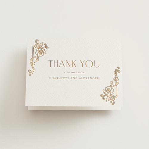 This is a faux gold wedding thank you cards with letterpress by Selima Akhter called nouveau peony printing on coventry320 in standard