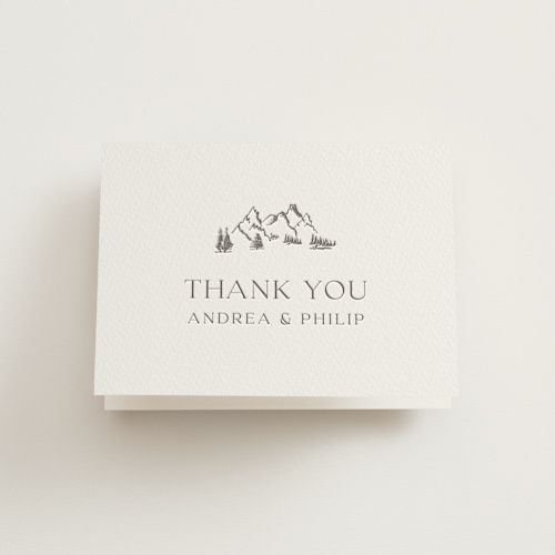 This is a graphite wedding thank you cards with letterpress by Lucrecia Caporale called mountain serenity printing on coventry320 in standard