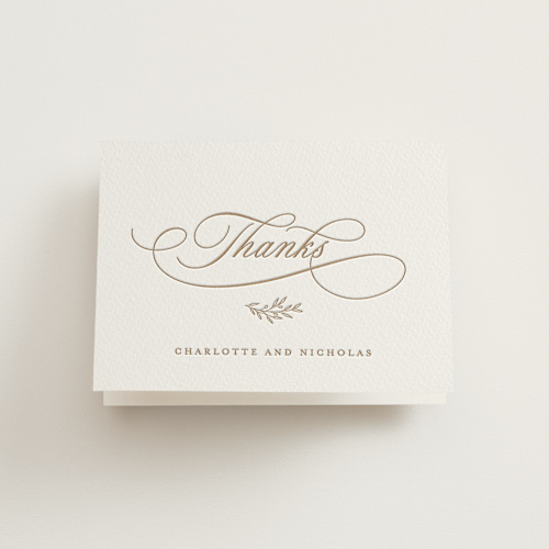 This is a matte gold wedding thank you cards with letterpress by Hooray Creative called vineyard script printing on coventry320 in standard