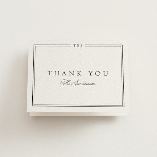 This is a soft black wedding thank you cards with letterpress by Nicole Walsh called classic frame printing on coventry320 in standard