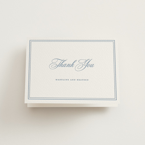 This is a provincial blue wedding thank you cards with letterpress by Melinda Denison called the chapel printing on coventry320 in standard
