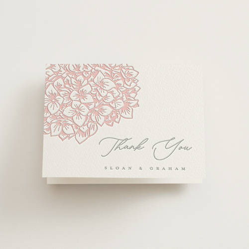 This is a blush wedding thank you cards with letterpress by Paula Pecevich called hydrangea blooms printing on coventry320 in standard