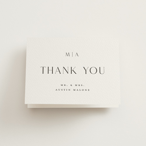This is a soft black wedding thank you cards with letterpress by Stacey Meacham called simple charm printing on coventry320 in standard