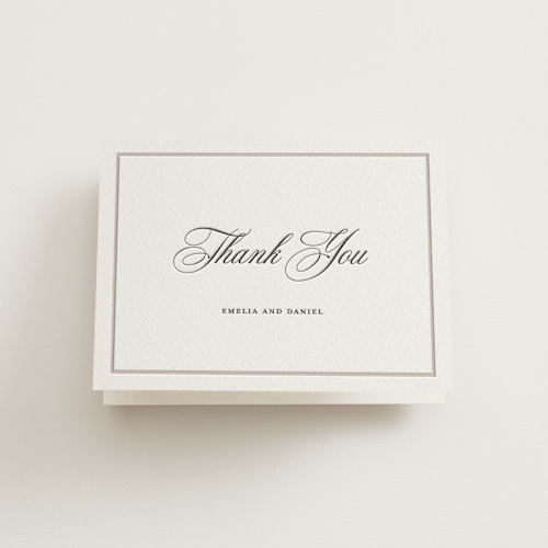 This is a soft black wedding thank you cards with letterpress by Melinda Denison called royal printing on coventry320 in standard