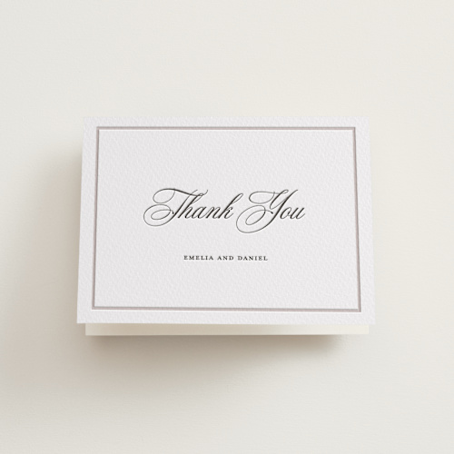 This is a soft black wedding thank you cards with letterpress by Melinda Denison called royal printing on coventry320 in standard