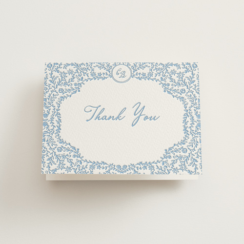 This is a sky blue wedding thank you cards with letterpress by Creo Study called garden romance printing on coventry320 in standard