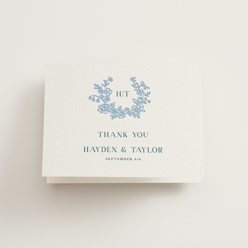 This is a sky blue wedding thank you cards with letterpress by Cass Loh called flowers monogram printing on coventry320 in standard