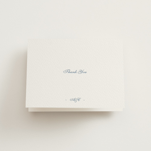 This is a provincial blue wedding thank you cards with letterpress by Blustery August called villa printing on coventry320 in standard