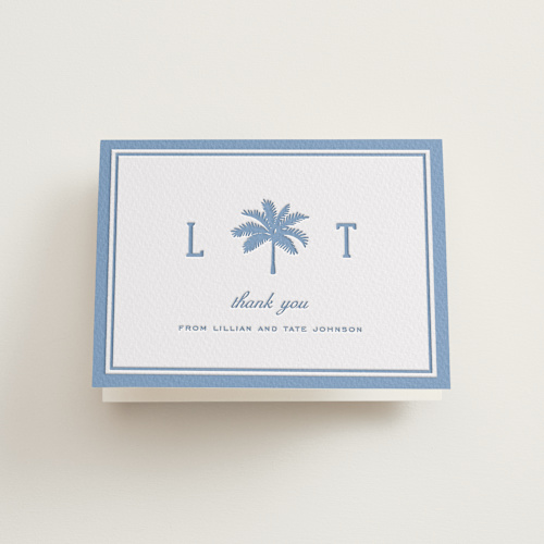 This is a provincial blue wedding thank you cards with letterpress by Sara Hicks Malone called preston printing on coventry320 in standard