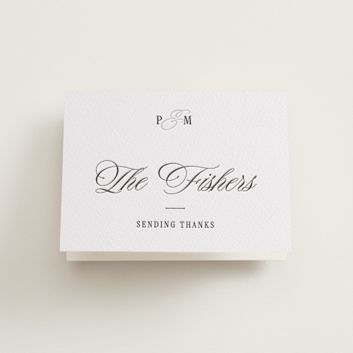 This is a soft black wedding thank you cards with letterpress by Leah Bisch called outlined printing on coventry320 in standard