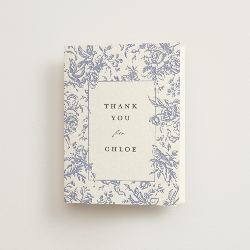 This is a blueberry bridal shower thank you cards with letterpress by Teju Reval called dreamy toile printing on coventry320 in standard
