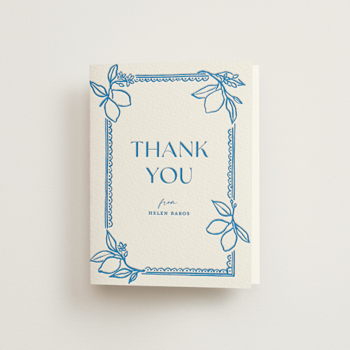This is a sapphire bridal shower thank you cards with letterpress by Pati Cascino called mediterraneo printing on coventry320 in standard