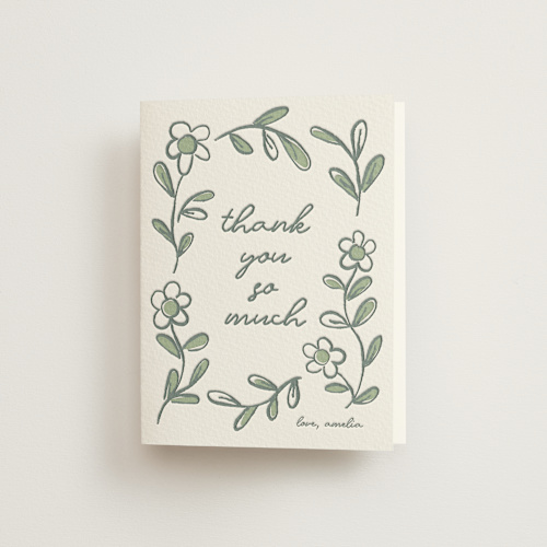 This is a mint bridal shower thank you cards with letterpress by Kelly Watkins called blooming printing on coventry320 in standard