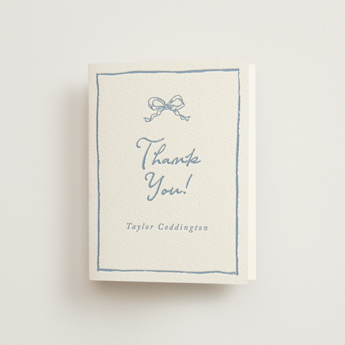 This is a provincial blue bridal shower thank you cards with letterpress by Cass Loh called ribbon bow drawing printing on coventry320 in standard