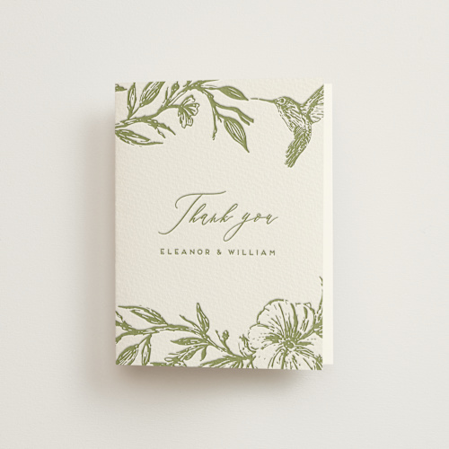 This is a pistachio wedding thank you cards with letterpress by Grae called eden printing on coventry320 in standard