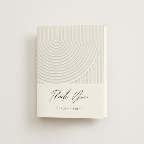 This is a pewter wedding thank you cards with letterpress by Shannon Chen of Four Wet Feet Studio called art deco printing on coventry320 in standard