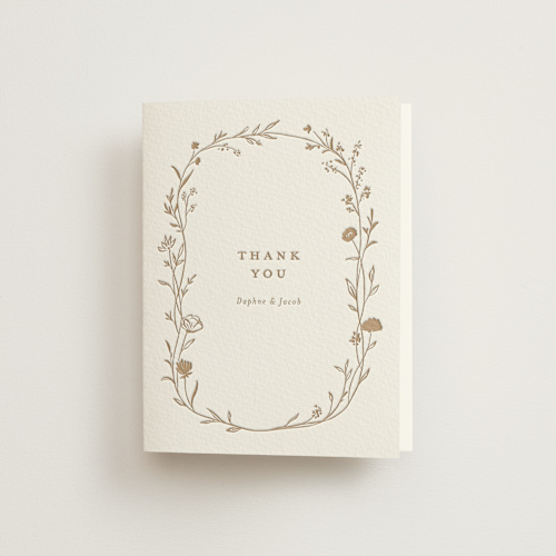 This is a matte gold wedding thank you cards with letterpress by chocomocacino called mille-feuille printing on coventry320 in standard