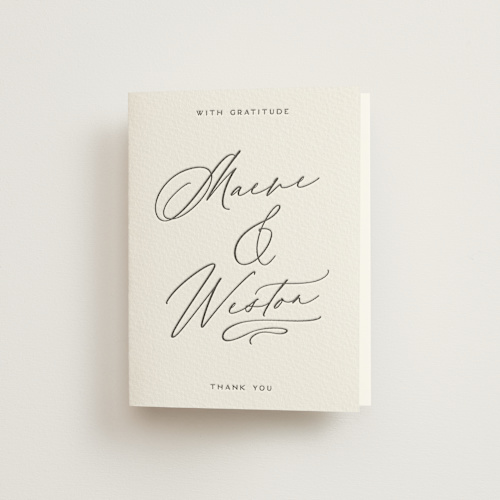 This is a soft black wedding thank you cards with letterpress by Jenna Holcomb called noted printing on coventry320 in standard