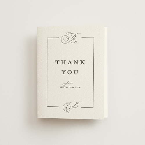 This is a soft black wedding thank you cards with letterpress by Amy Payne called monogram border printing on coventry320 in standard